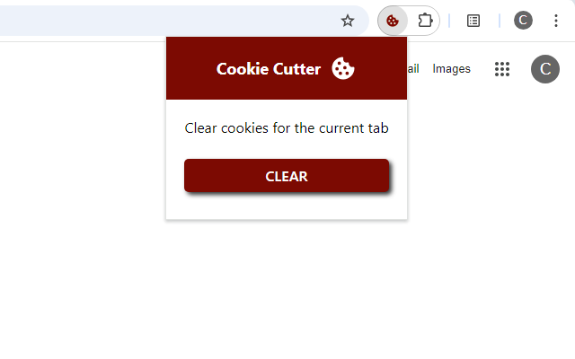 Cookie Cutter extension after activation, showing the 'Clear' button