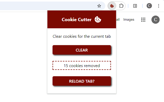 Cookie Cutter extension after 'Clear' button pressed. The number of cookies removed is displayed, and the user can now click an optional 'Reload tab?' button